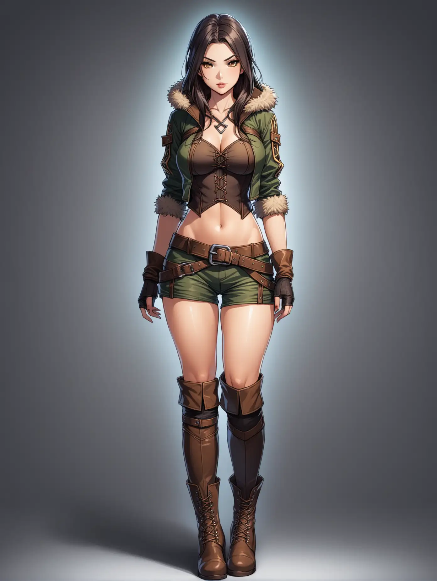Full body image of a hot huntress girl wearing ankle high boots
