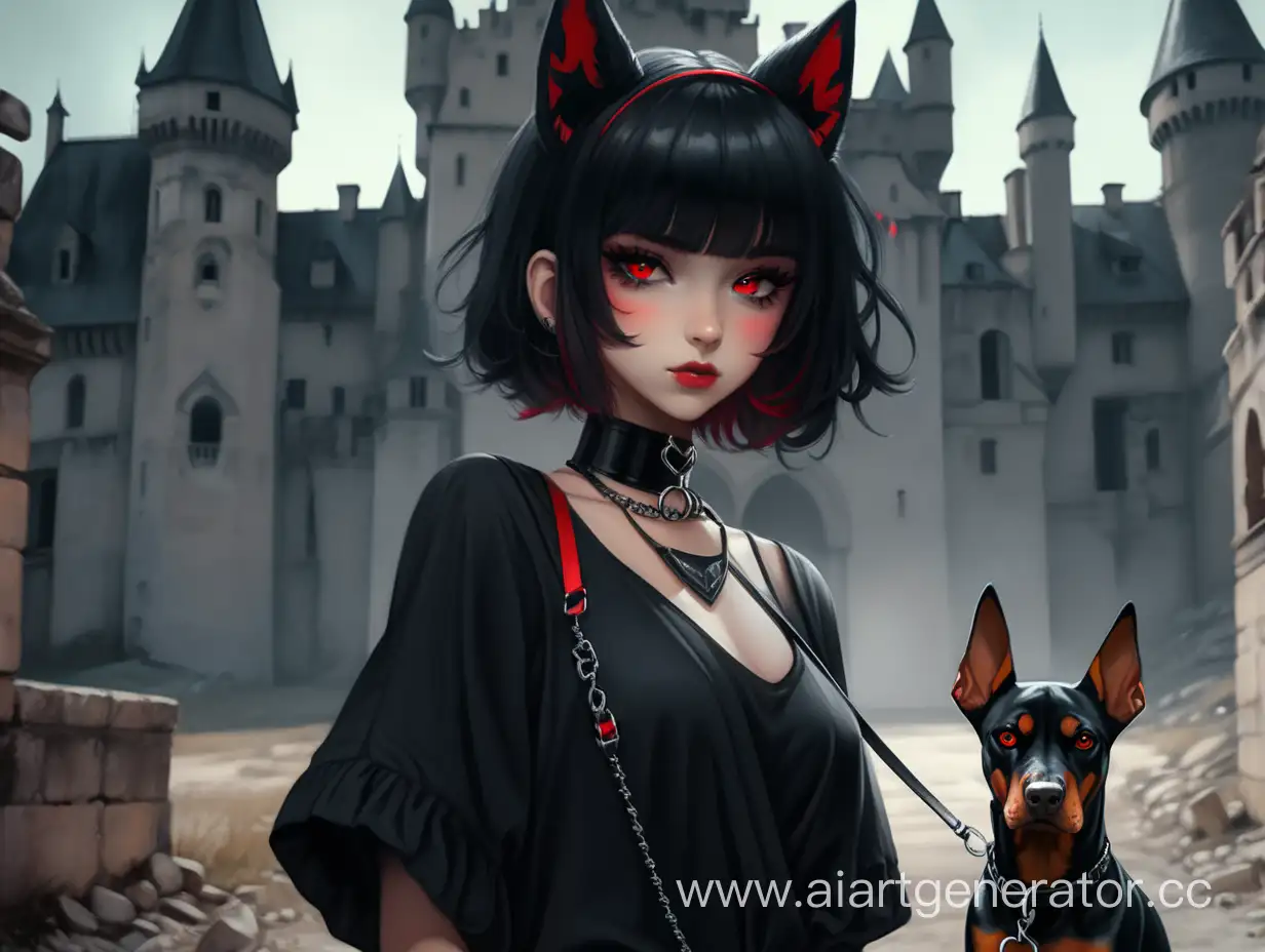 Dark-Gothic-Girl-with-Doberman-at-Abandoned-Castle