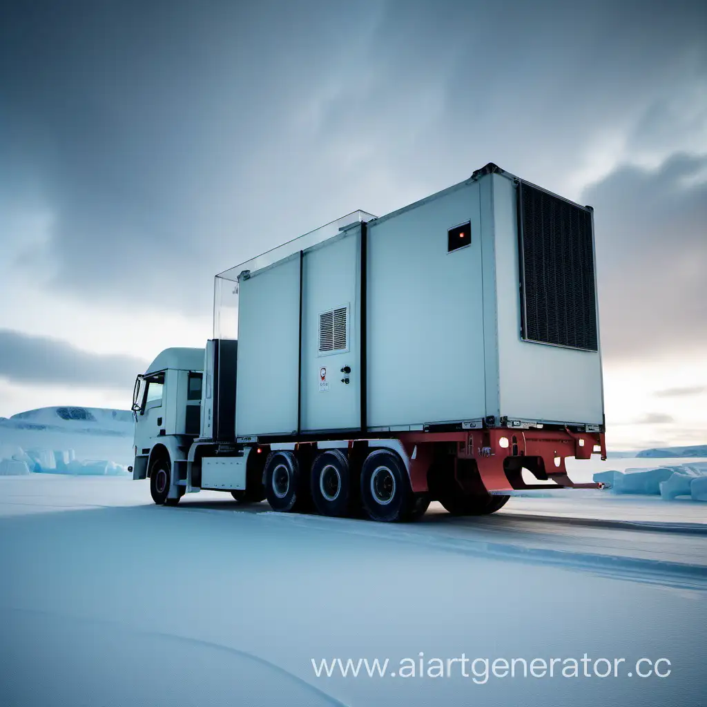 Arctic-Truck-Carrying-Transparent-Container-with-Mini-Nuclear-Reactor-for-Factory-Power