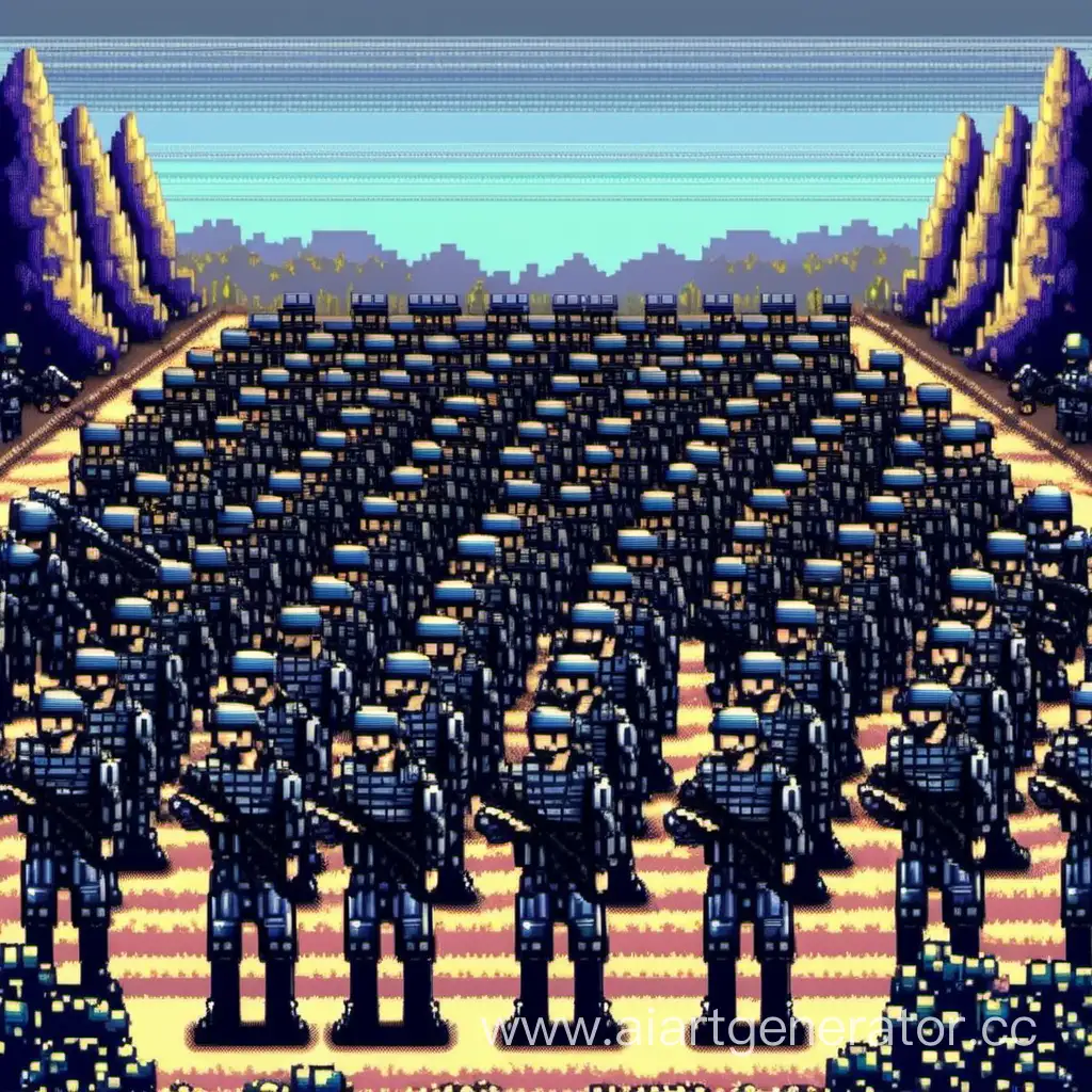 pixel art, soldier war scene, soldiers have black and blue outfit and some of them look to the sky