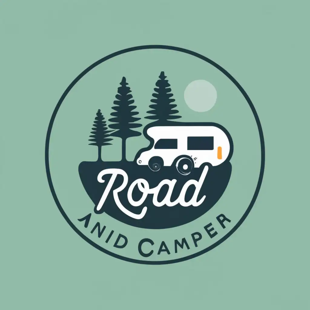 logo, road trees and camper