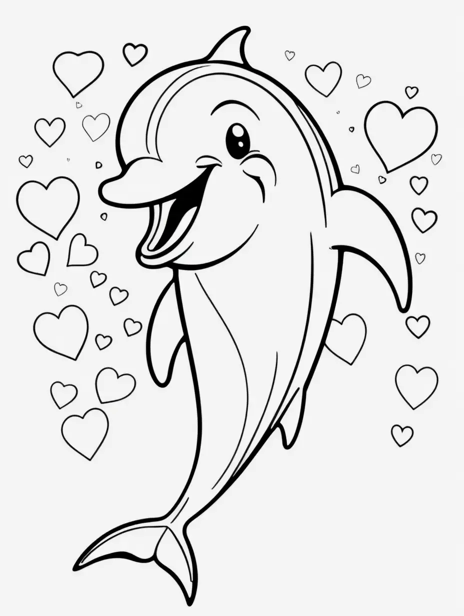 b/w outline art for coloring book page: a dolphin with a happy face, kids style, cute, romantic, with hearts (((((white background))))). Only use outline, cartoon style, very clean line art, no shadow