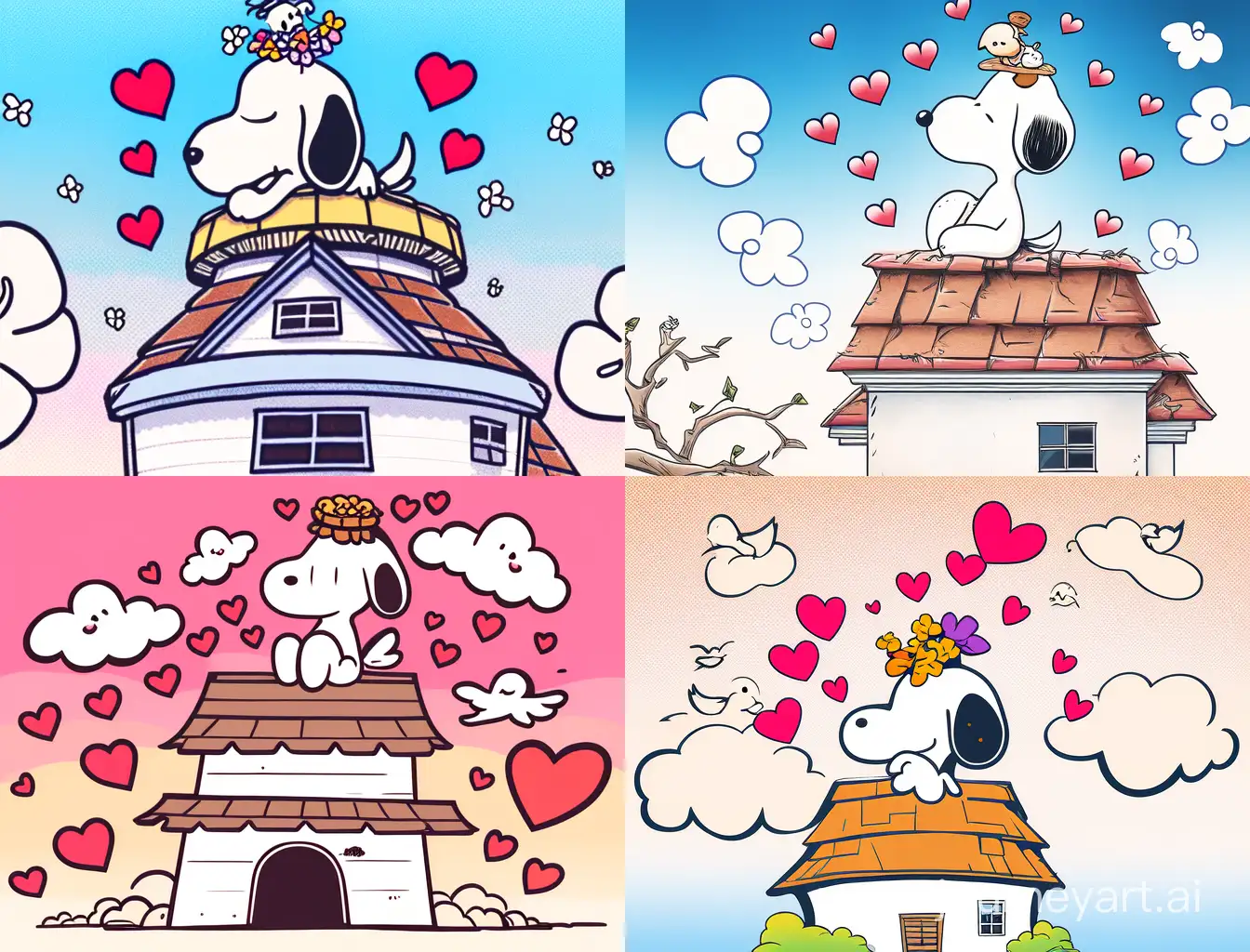 Snoopy siting on top of his house with Woodstock on his head surrounded by outline hearts
