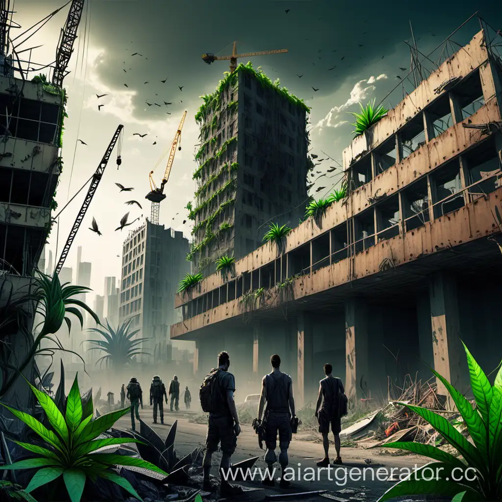  город в постапокалипсисе с растениями и ящерами-людьми, где-то на заднем плане виднеются высокая стена и строительные краны