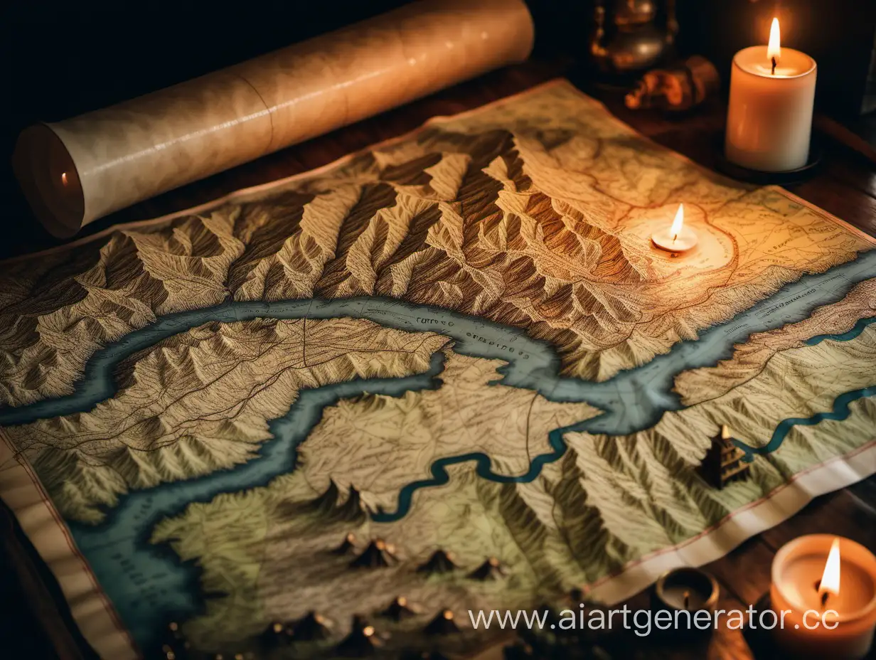 Antique-Map-Illuminated-by-Candlelight-Journey-Through-Mountains-Rivers-Forests-and-Settlements