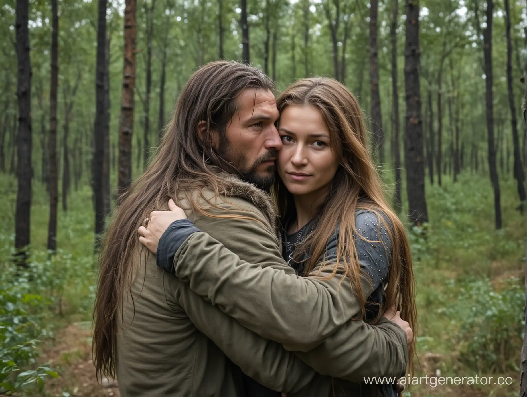 A 37-year-old male warrior with long hair from Chuvashia hugs a girl from Mordovia in the forest