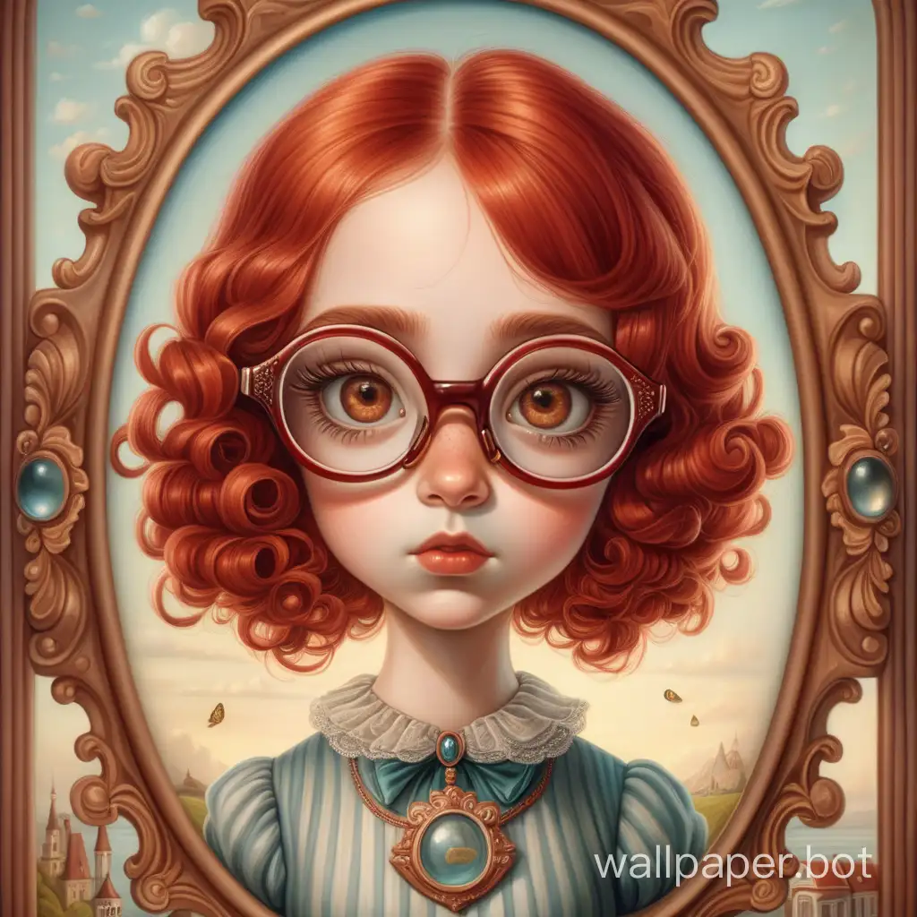 Surrealistic illustration. A girl with red hair, brown eyes in glasses with an unusual frame. A beautiful retro costume up to the waist. Natural light, interesting details, kingdom. Mark Ryden style. High quality. 4K, clarity