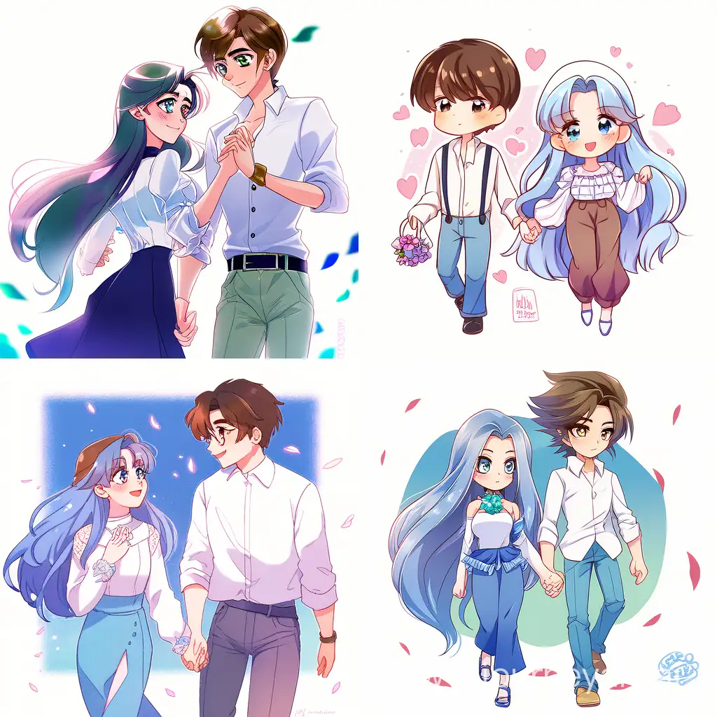anime couple together with a predictor in her hand she is sara niel eyes long hair big eyes she wears blue pants and a white blouse jose 23 years old slim body tall big eyes black pants white shirt they are together