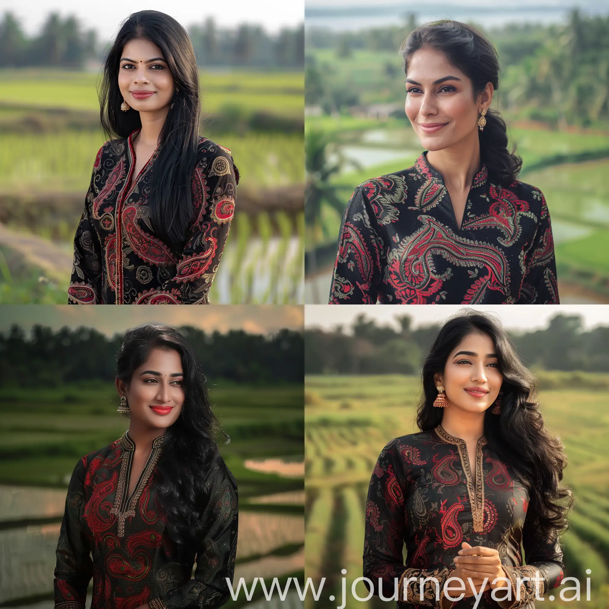 Smiling-Kerala-Woman-in-Glossy-Black-and-Red-Paisley-Kurti-amidst-Paddy-Fields