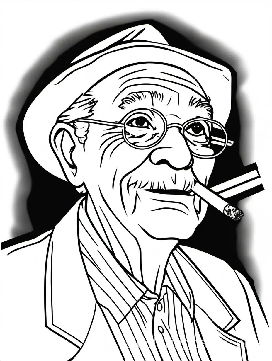 grandfather with a cigarette, Coloring Page, black and white, line art, white background, Simplicity, Ample White Space. The background of the coloring page is plain white to make it easy for young children to color within the lines. The outlines of all the subjects are easy to distinguish, making it simple for kids to color without too much difficulty