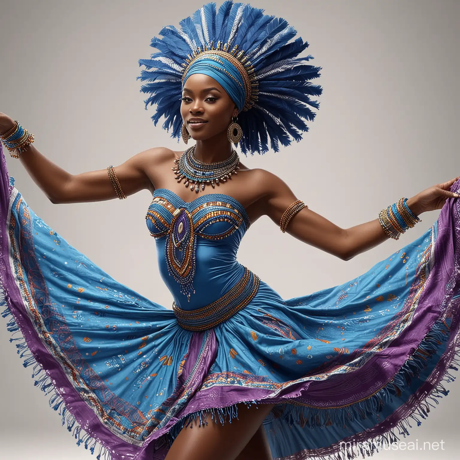 Create a lively and dynamic vector illustration of an African dancer in motion. The dancer should have a lean, muscular build, and the skin tone should be a rich, dark brown. The figure is captured in mid-dance, with one arm extended upward and the other gracefully positioned. The dancer's attire includes a colorful, traditional African costume with bright purple, silver, and blue hues, accented with patterns and fringes that convey movement. The dancer should also be adorned with cultural accessories like beaded necklaces, bracelets, and a headband. The background should be plain white to emphasize the vibrancy and energy of the dancer's pose and costume. The artwork should exude a sense of rhythm and celebration of African dance heritage, depicted in a stylized, exaggerated form to showcase the beauty of the culture's artistic expression, 32k render, hyperrealistic, detailed.