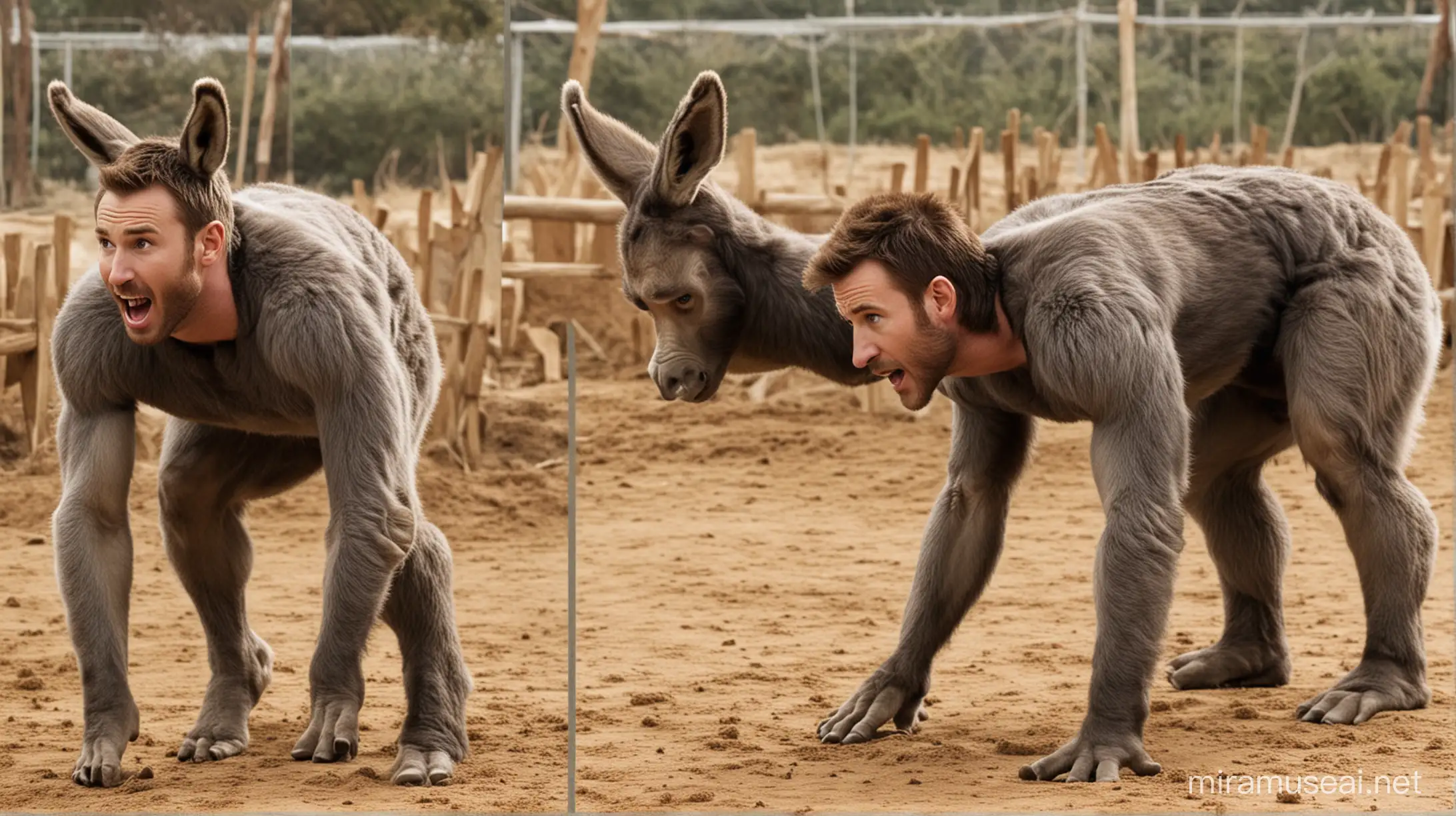 Chris Evans on all fours transforming into a donkey. He has donkey ears. He has donkey legs. He has donkey hooves. He has a donkey tail. He has a complete donkey body. And he's braying like a donkey. But his head is human.