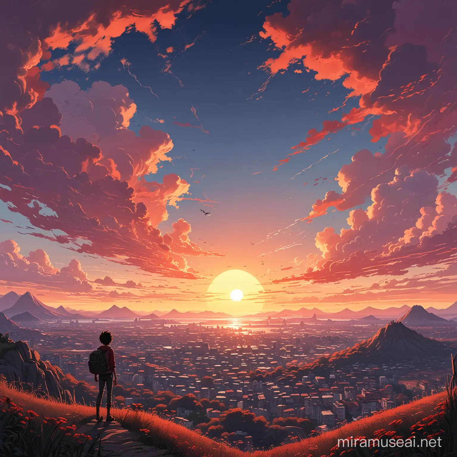 Ghibli Sunset Sky with Clouds in Spiderverse Comic Style