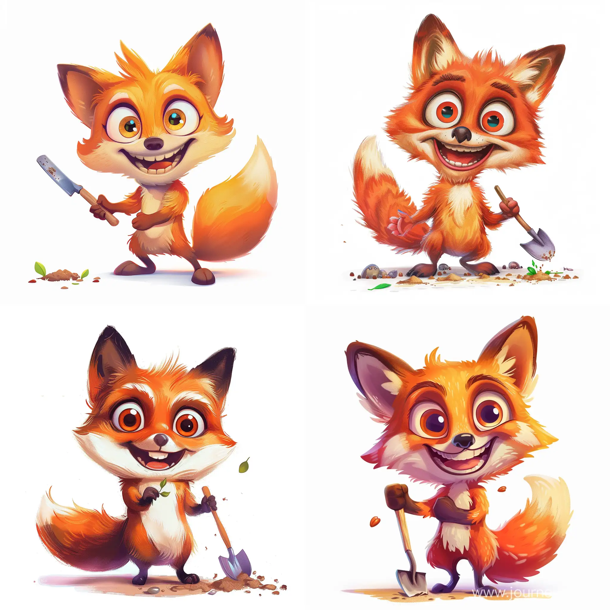 a vibrant, cartoon-style illustration for a children's book featuring a cheerful fox. Background: solid white. Character: fox with exaggerated, whimsical features, large expressive eyes, and a wide happy smile, holding a small spade, ready to dig into the earth with enthusiasm for planting seeds. The fox conveys optimism and readiness for adventure, playful energy, hinting at growth and transformation. The style is of thick, smooth lines for character outlines, subtle shading, and highlights for three-dimensionality.