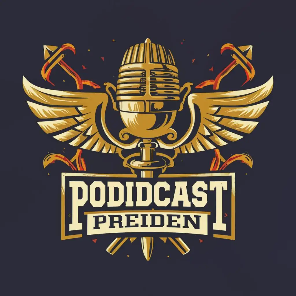 logo, Hermes winged helmet and caduceus, with the text "PODCAST President", typography, be used in Entertainment industry