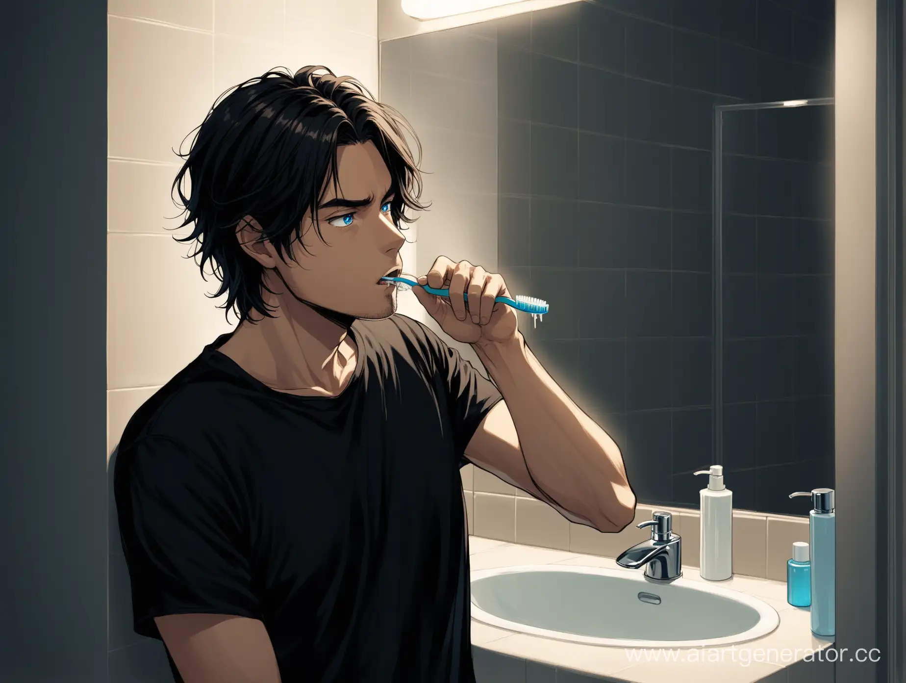 Morning-Routine-Sleepless-Man-Brushes-Teeth-in-Dimly-Lit-Bathroom