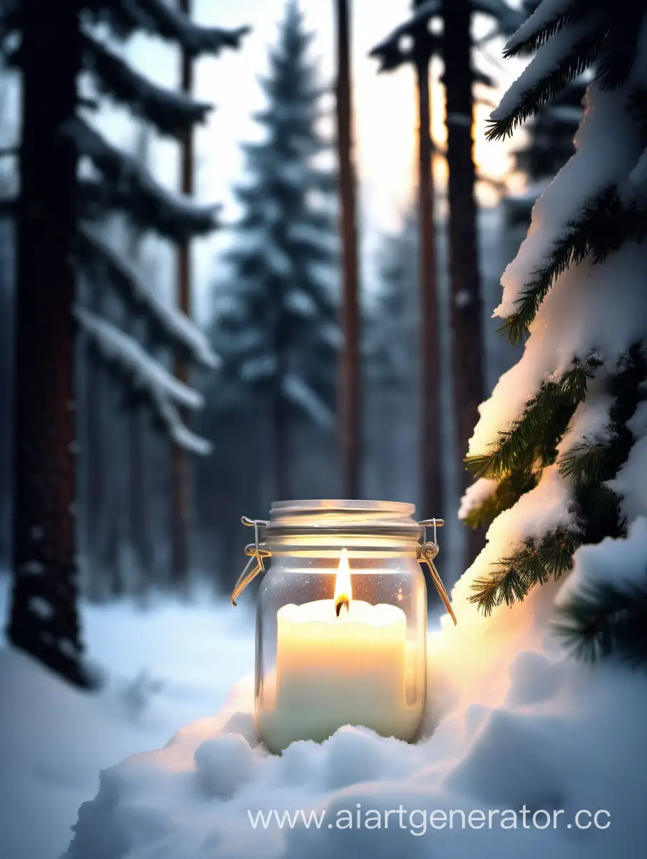 свеча в банке в сугробе на фоне зимнего елового леса