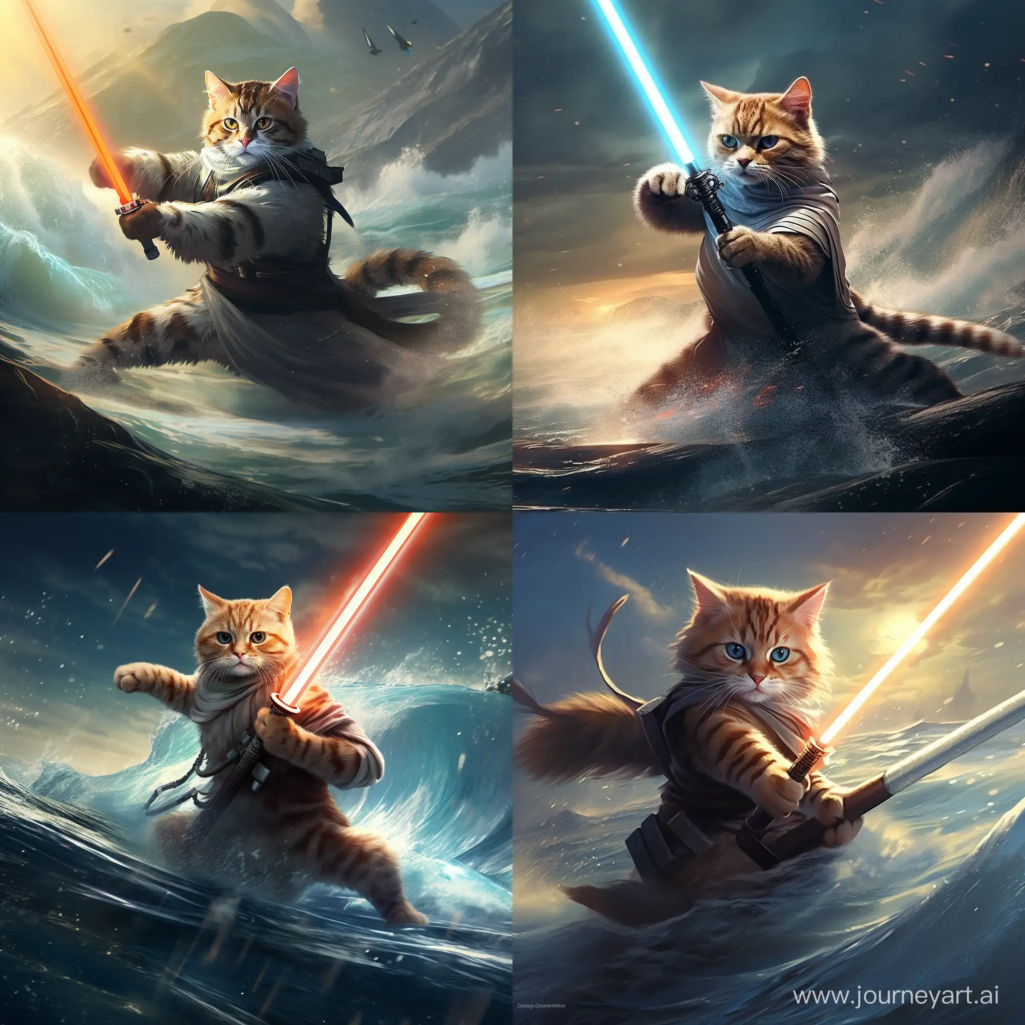 Playful-Cat-Battles-with-Lightsaber-on-Surfboard