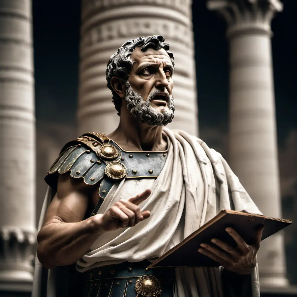 Create an 800px x 800px picture of a calm, inspired leader from ancient Rome making an inspired speech. The picture should be dramatized and contain elements fantasy elements.