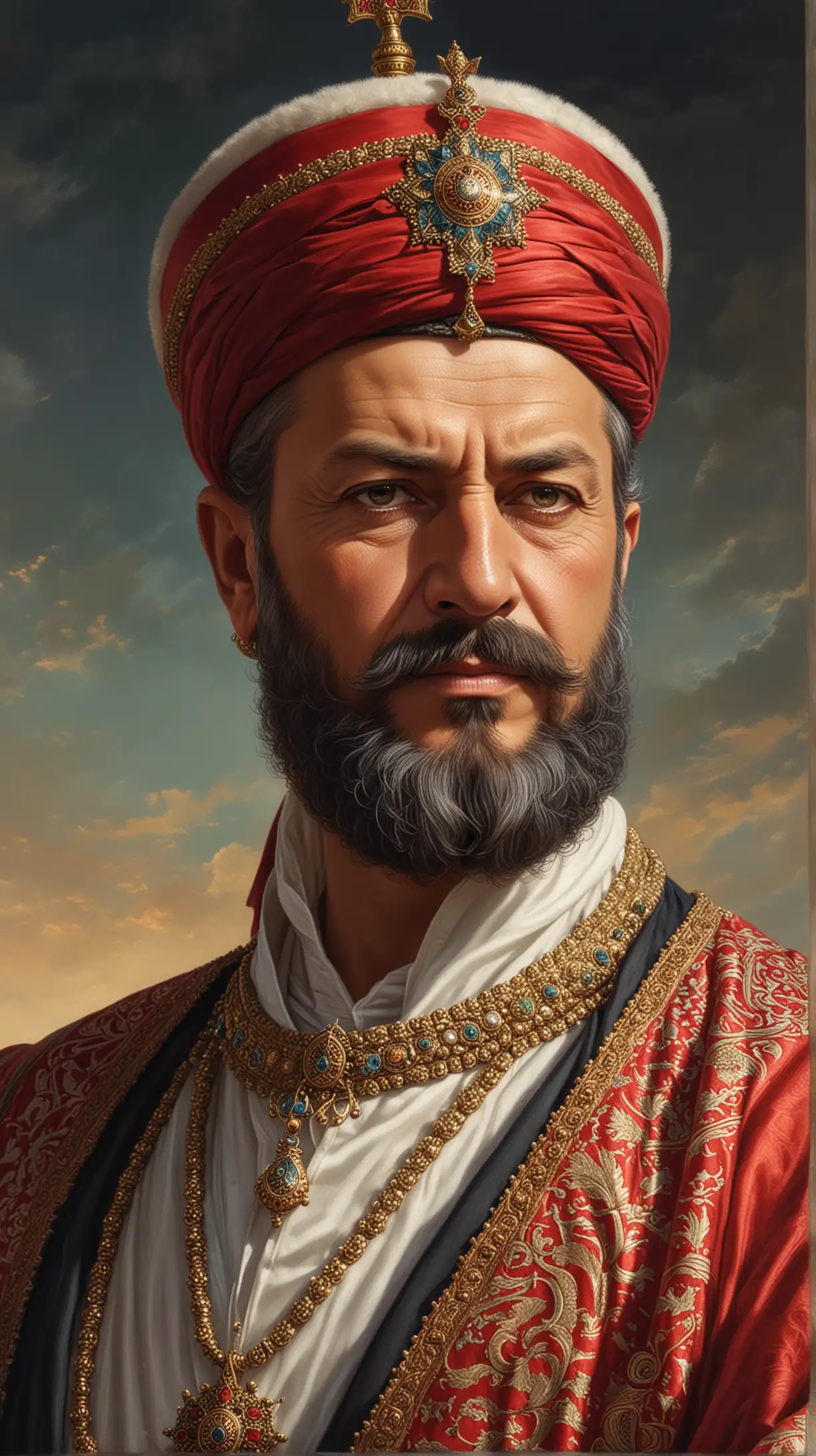Close-up of a powerful Turkish Sultan, Suleiman the Magnificent, standing tall with a confident stare towards the horizon, depicting strength and authority.