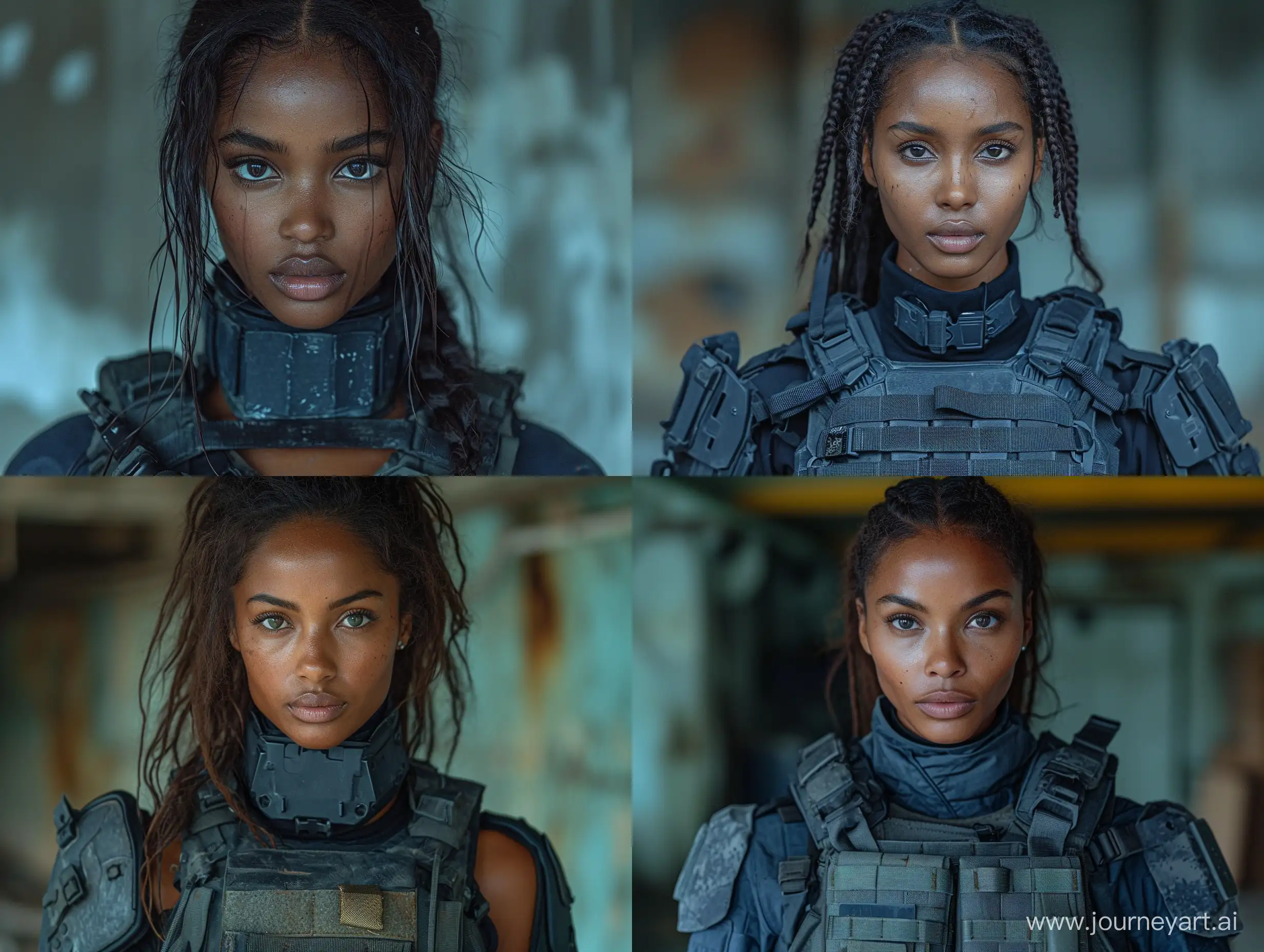 beautiful ebony skin female Sheva Alomar in S.T.A.L.K.E.R as mercenary neckline in darkblue tactical equipment platecarrier dark room --s 999 --style raw --v 6