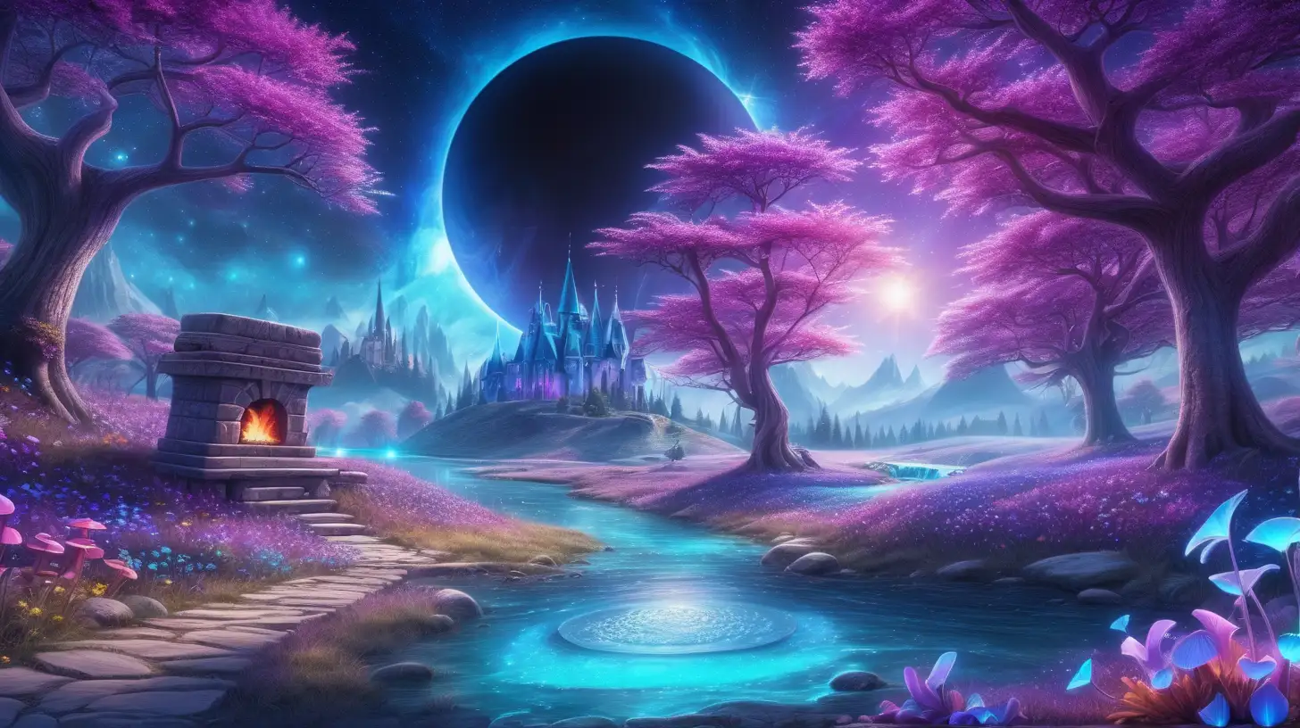 Total solar eclipse in sky with Forest of Bright royal-purple and blue big, flower trees, purple, pink surrounded in turquoise dust. Bright-blue-river. Daylight, 8k, fairytale mushrooms, glowing. Magical, fantasy and potions and fireplace and florescent ice and bookshelf