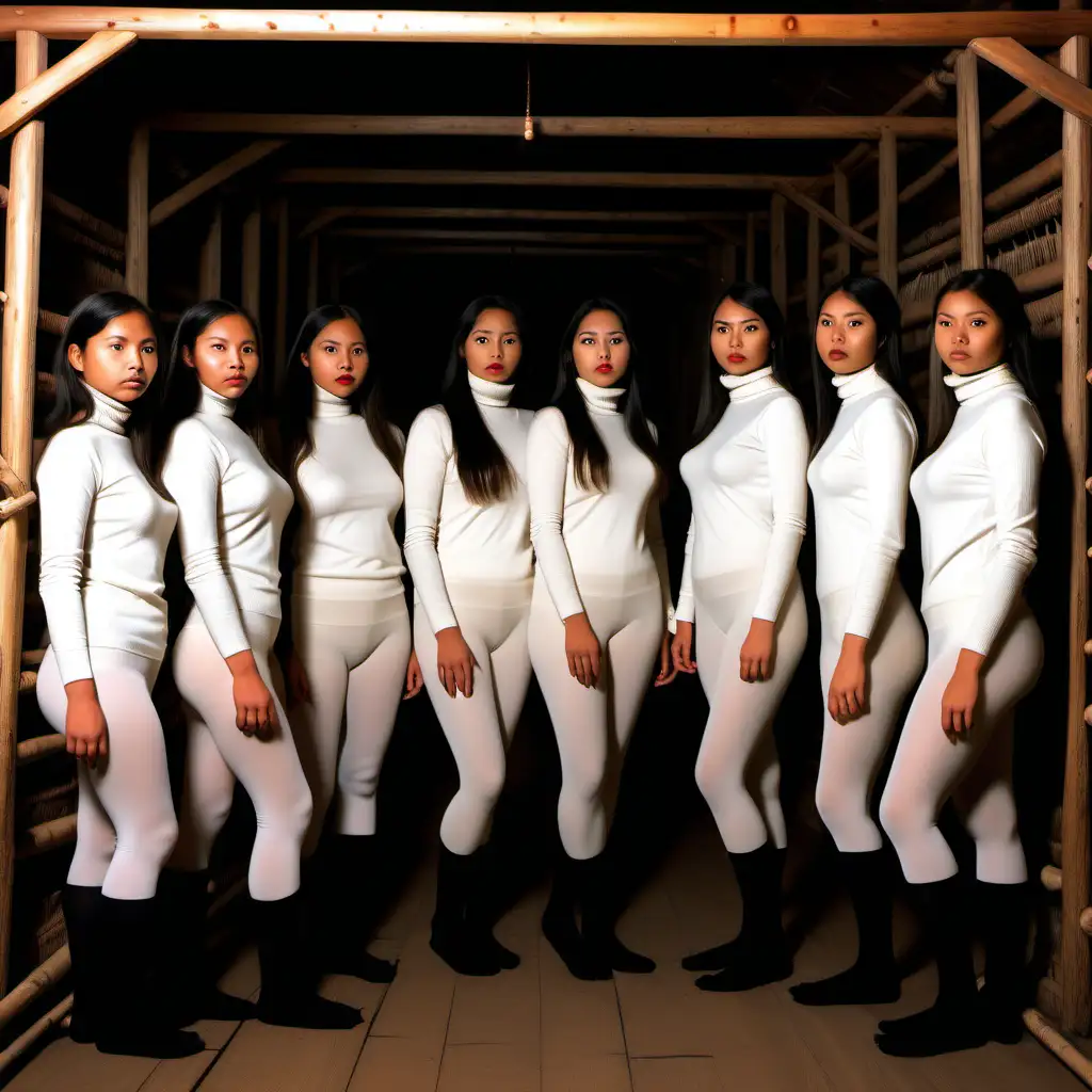 Ten slender Native american girls in white turtleneck sweaters dressing up ij their black tights in a longhouse on a cold winter night.