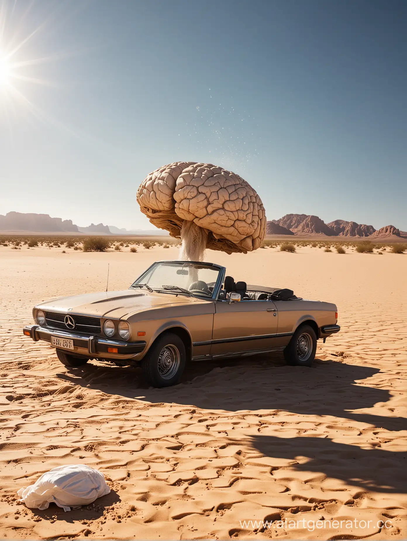A hot, sultry sandy desert with a mercilessly scorching sun, under the rays of which there is an overheated fantastic levitating convertible without wheels with the hood thrown back, instead of an engine there is a huge artificial brain boiled from overheating, over which the unfortunate driver in shorts wipes sweat from his forehead with a handkerchief and pours water from a small plastic bottle on the Brain Engine.