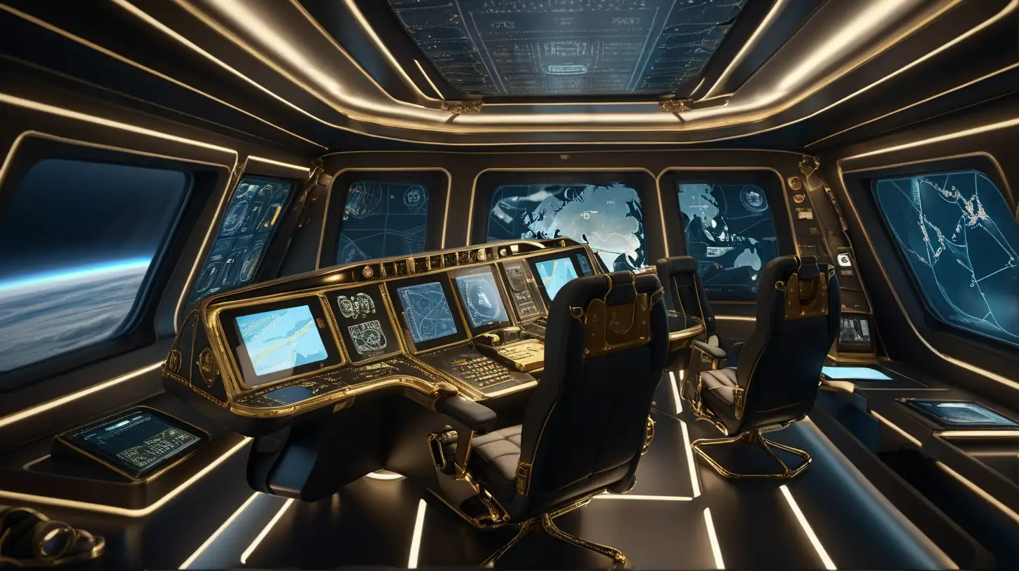 interior of a high tech jet. cockpit connected to a briefing room area. black and gold. dark. gold lighting. view of the large pilot window. roundtable projecting a holographic global map. very baroque and infinitesimally individualized. fanatically pragmatic 3d blender sfm compositions. cinematic lighting and cinematic shading. 