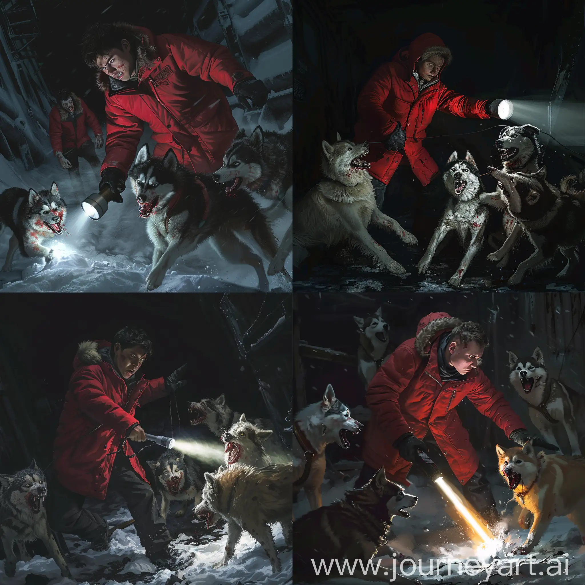 Realistic art: young man in red parka fighting with zombie husky dogs at abandoned industrial mine. Dogs is infected. Dark scene. He's weak. He holding bright flashlight