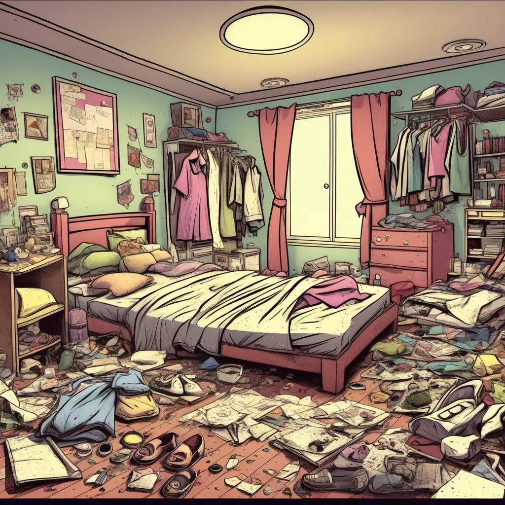 Cartoon, Female Bedroom, dirty, very messy, things on the floor, clothes everywhere, bed, cartoon