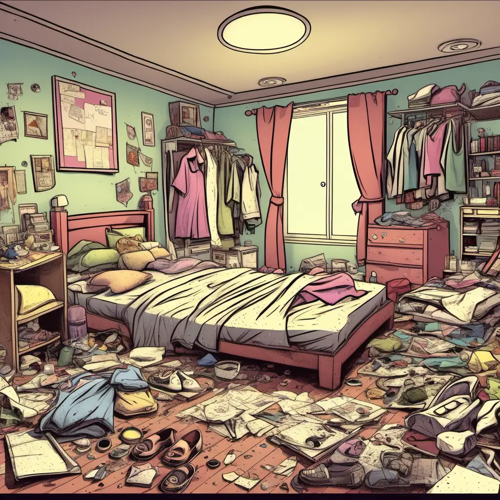 Chaotic Cartoon Bedroom with Cluttered Clothes and Messy Floor | MUSE AI