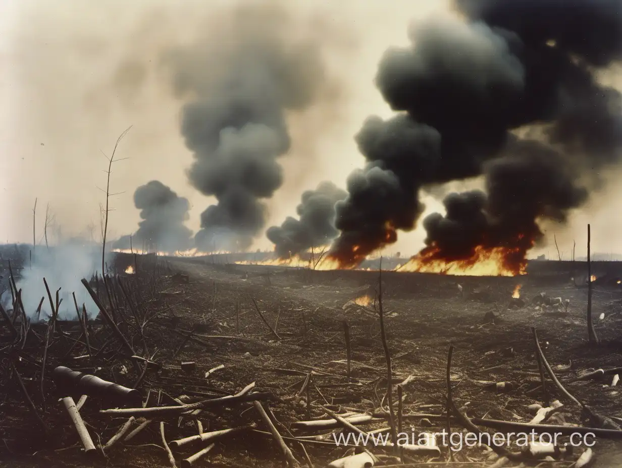 Эпическое поле битвы во времена первой мировой войны, в дали дым и огонь в рядом ядовитый газ