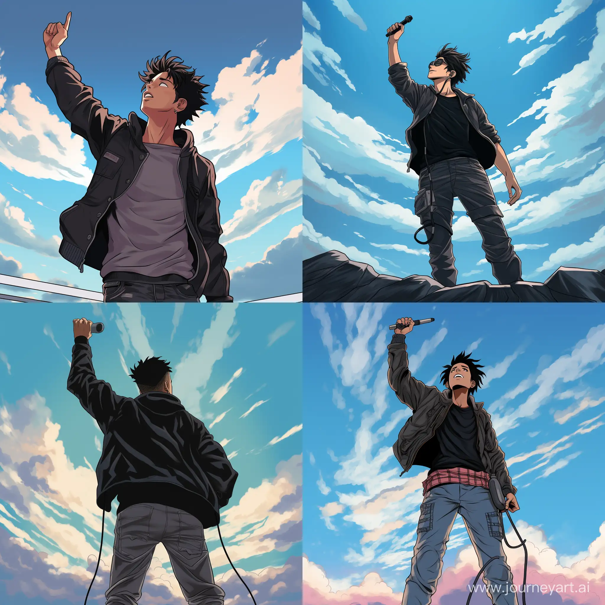 Anime-style shot, fantasy twist: Young male artist, black hoodie, back turned, standing on peak. Singing microphone in hand, held up like victory pose. Sky and clouds in front. Background: sky blue.