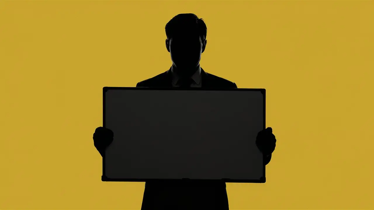  Yellow background and a man in complete silhoutte, standing, holding a whiteboard and nothing is written