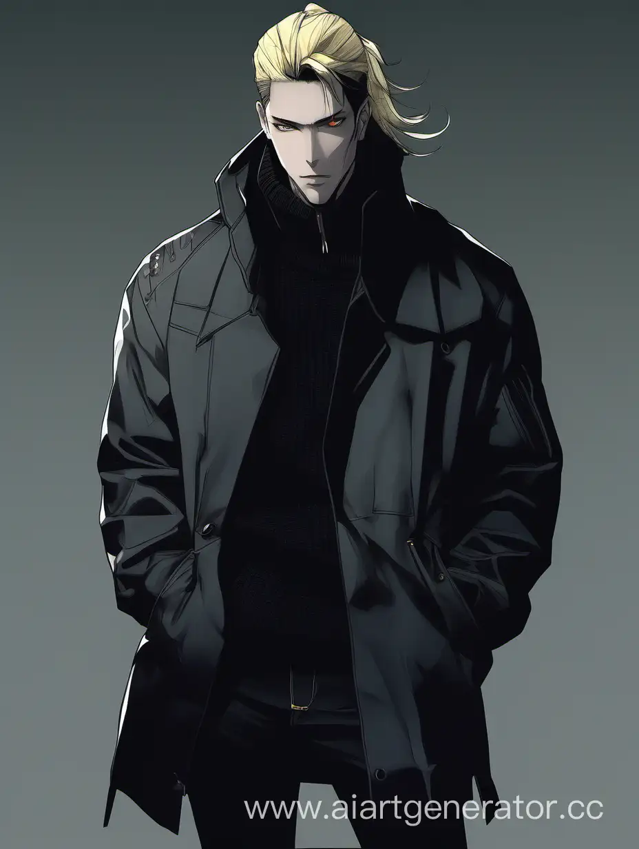 32 years old man; 192 cm; athletic frame; long blond hair tied into ponytail; yellow eyes; bristle; black ring-like earrings; dark pullover; black jeans; military boots; dark grey coat black scale on his cheeks; black scales have a hexagon shape