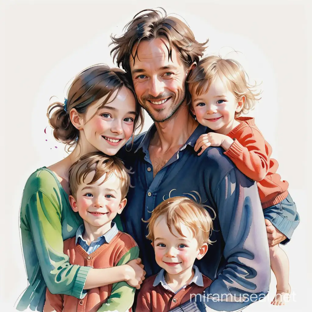 beautiful woman, handsome man and three little boys tenderly embraced, smiling barely noticeable, Quentin Blake