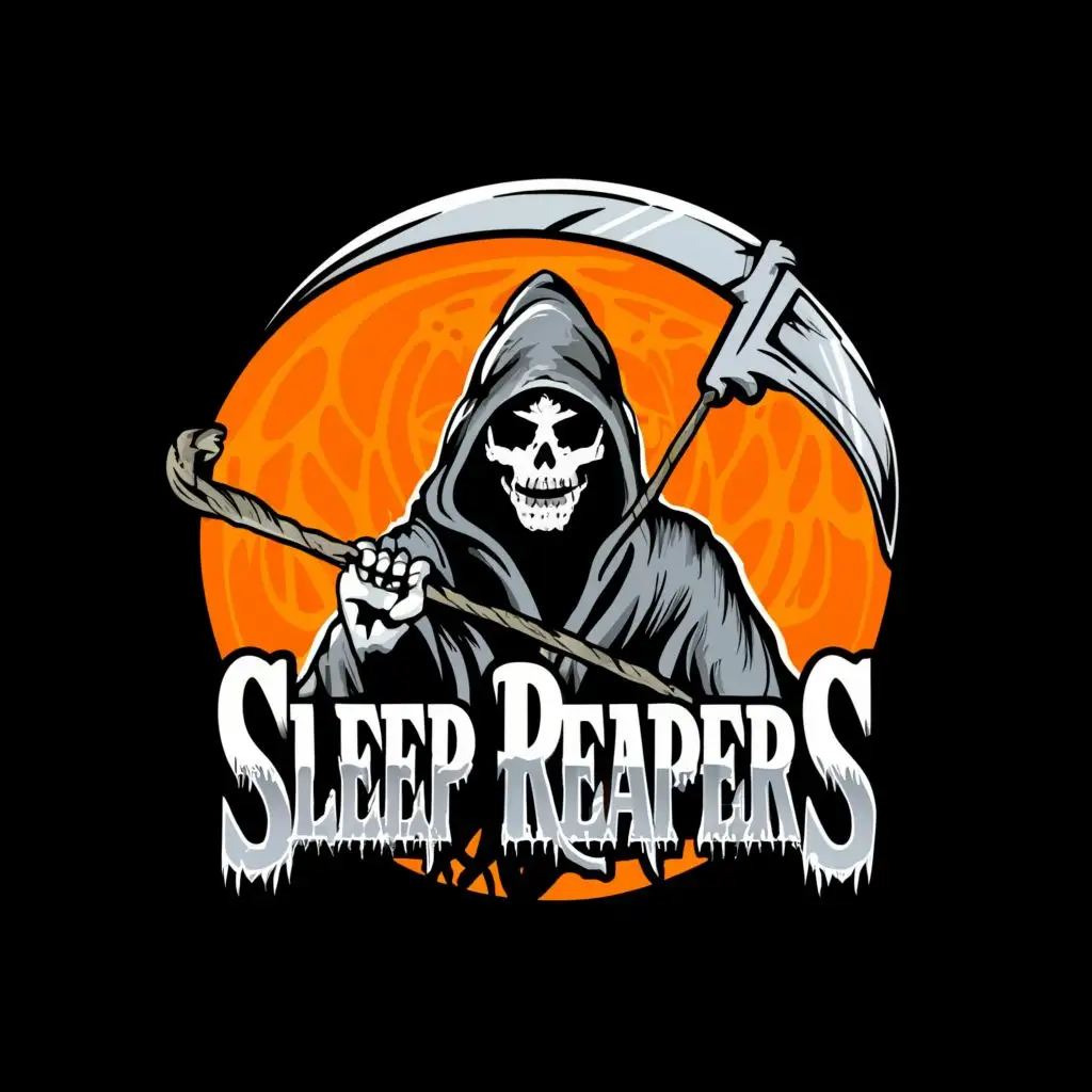 logo, Grim reaper, with the text "Sleep reapers", typography