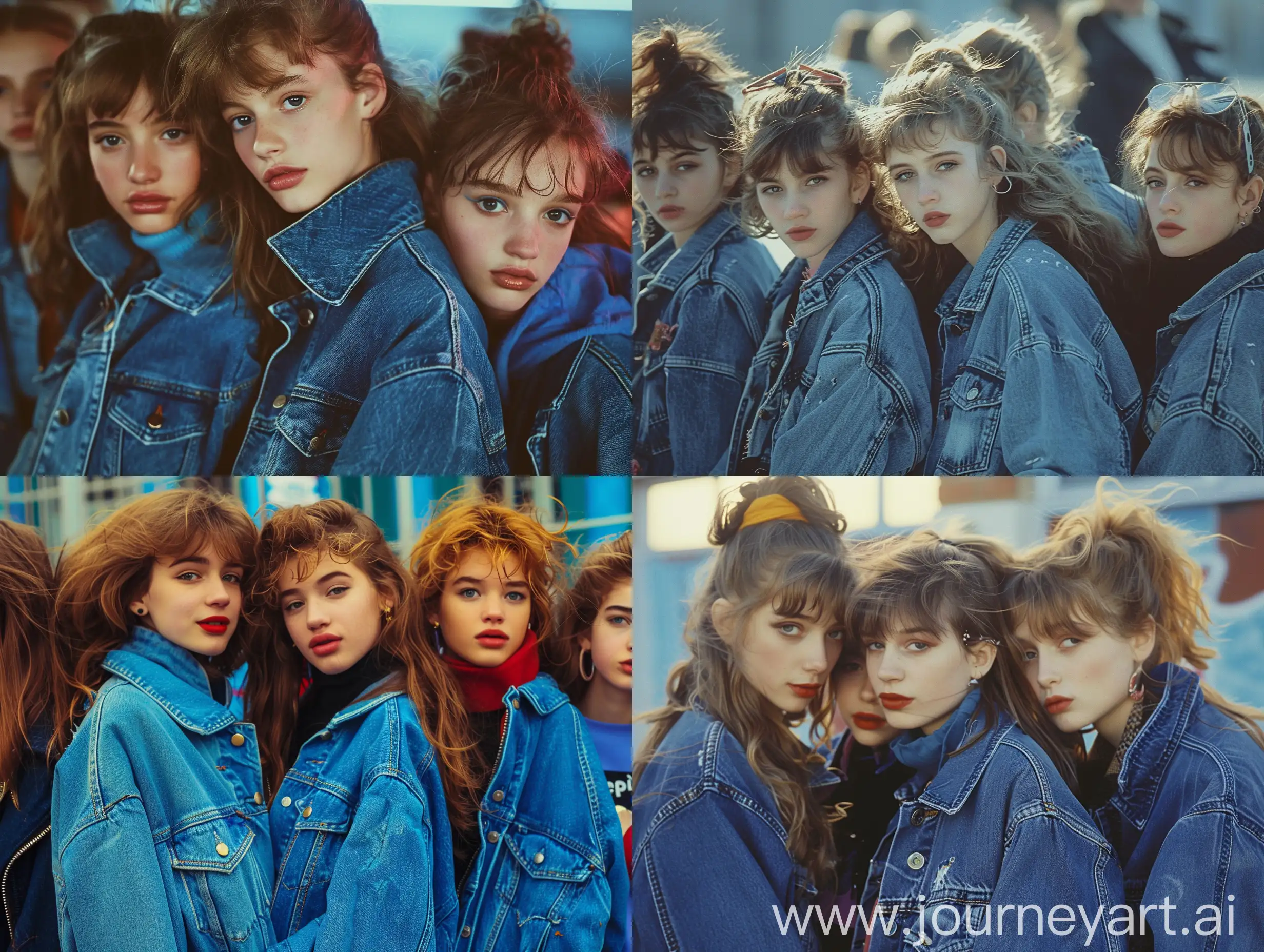a group of girls wearing a blue 1980s aesthetic denim jackets, 1980s aethetic, repopularised, fashionable, cosy, 1980's mood