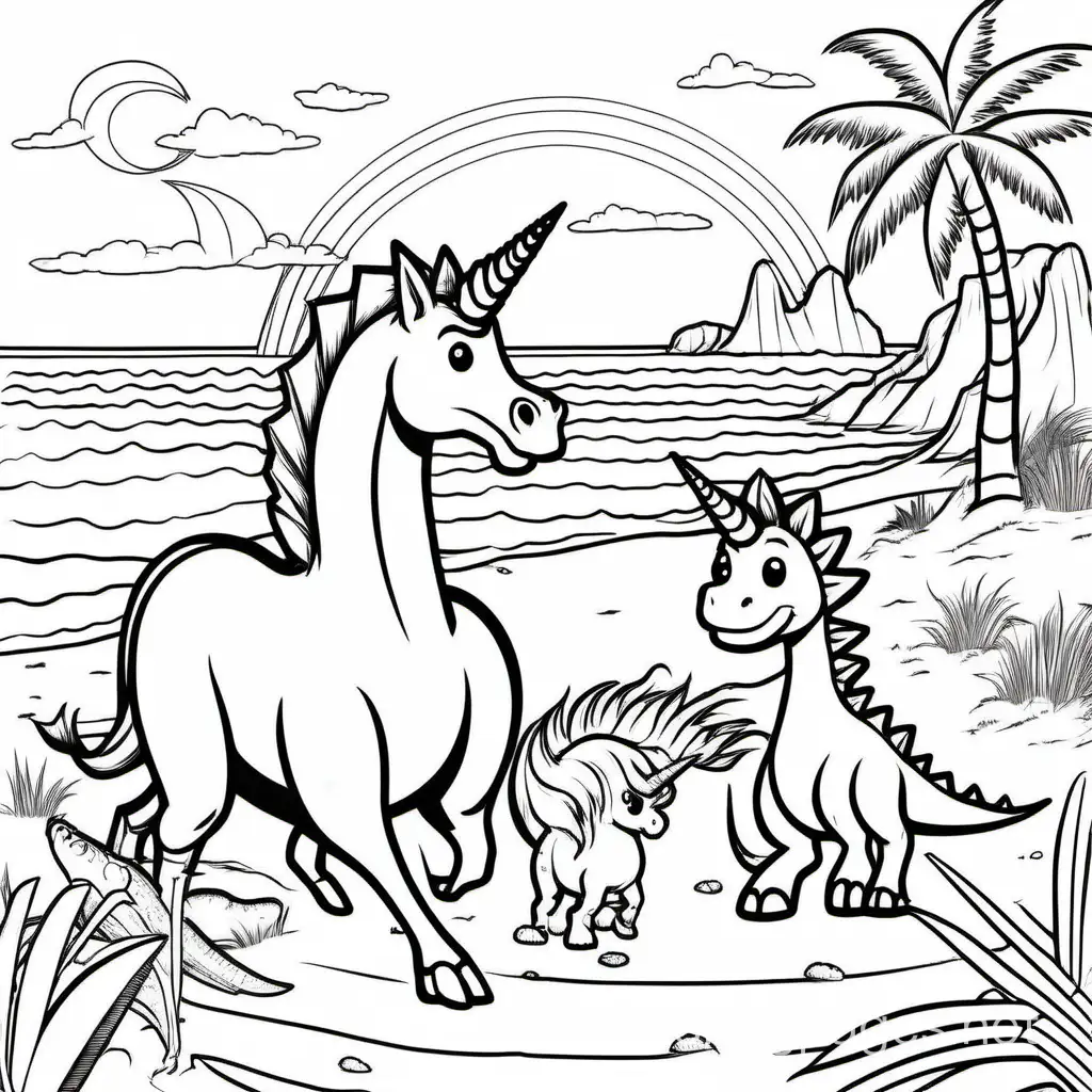 unicorn and dinosaur on the beach for kids, Coloring Page, black and white, line art, white background, Simplicity, Ample White Space. The background of the coloring page is plain white to make it easy for young children to color within the lines. The outlines of all the subjects are easy to distinguish, making it simple for kids to color without too much difficulty