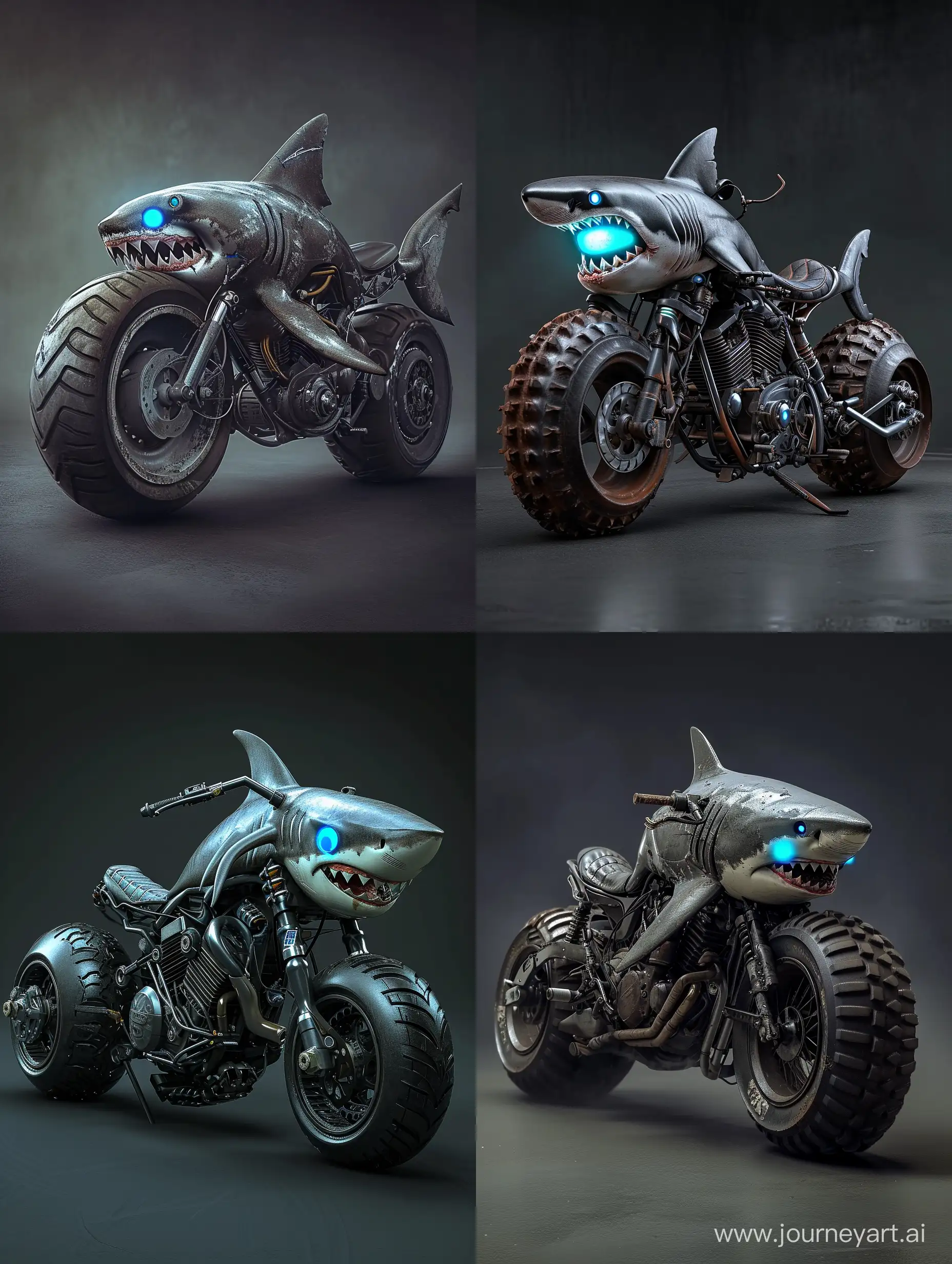 A motorcycle with a shark's head and body, glowing blue eyes, sharp teeth, and large wheels. The background is dark grey.