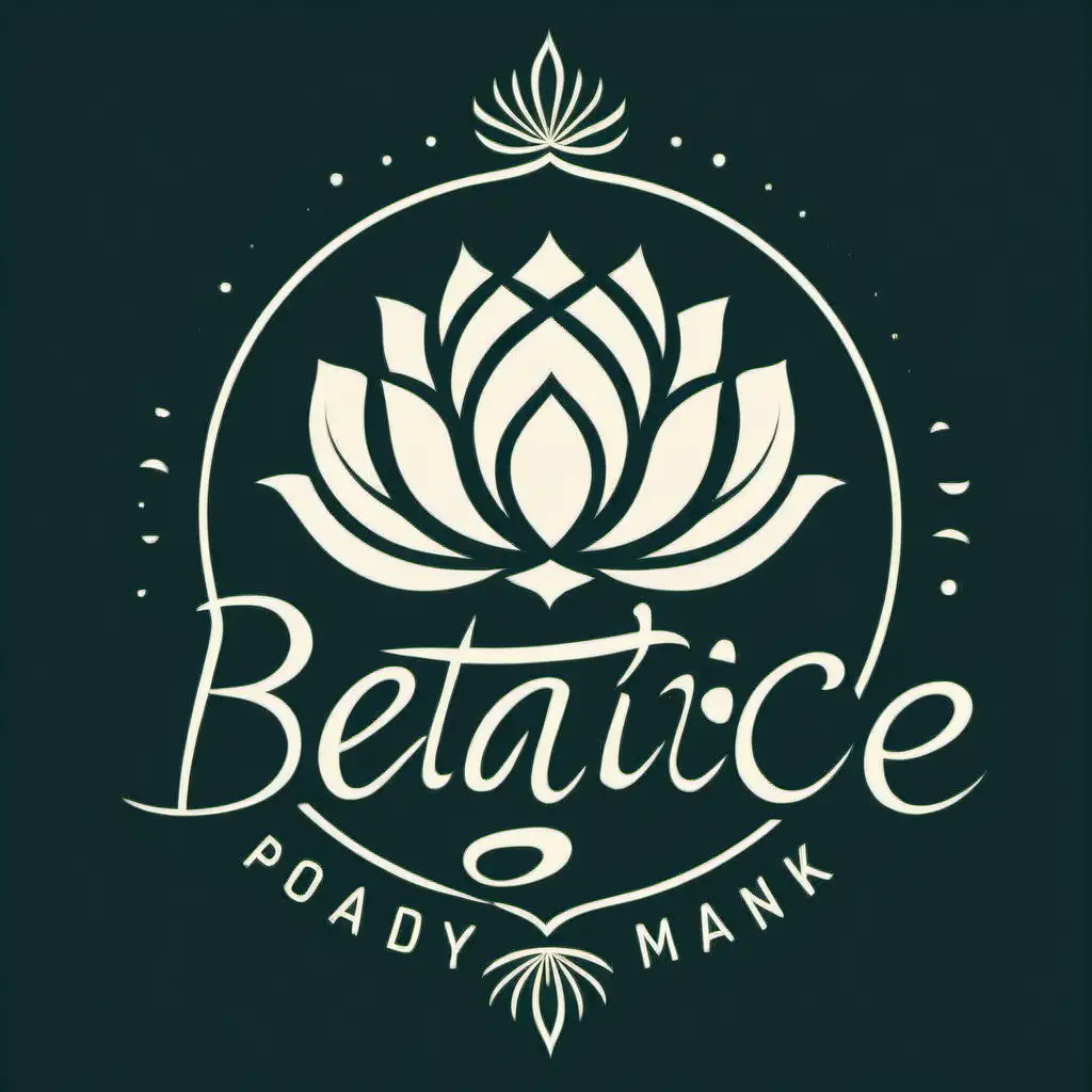 Logo stampabile per una t-shirt.  Testo: "Beatrice Yoga Biodynamik". Design essenziale e lineare con stilizzazione di un  fiore di loto e della sillaba sanscrita "om"