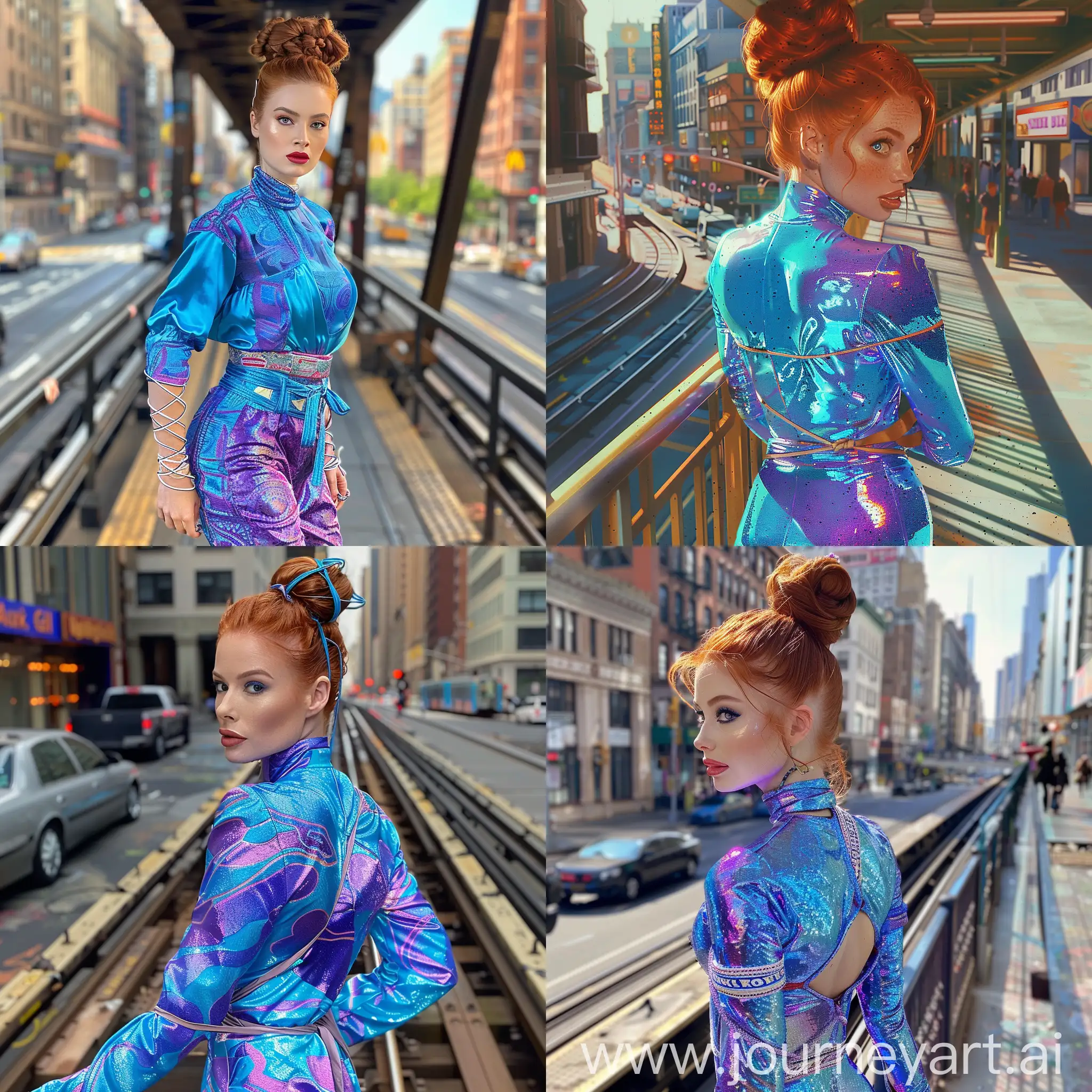 A young 25 year old woman, Cute and attractive, ginger hair in a bun, blue and purple colorful vibrant outfit. She has her hands tied behined her back. She is standing on an elevated train platform next to a city street. She is being kidnapped by Dr. Evil from Austin Powers