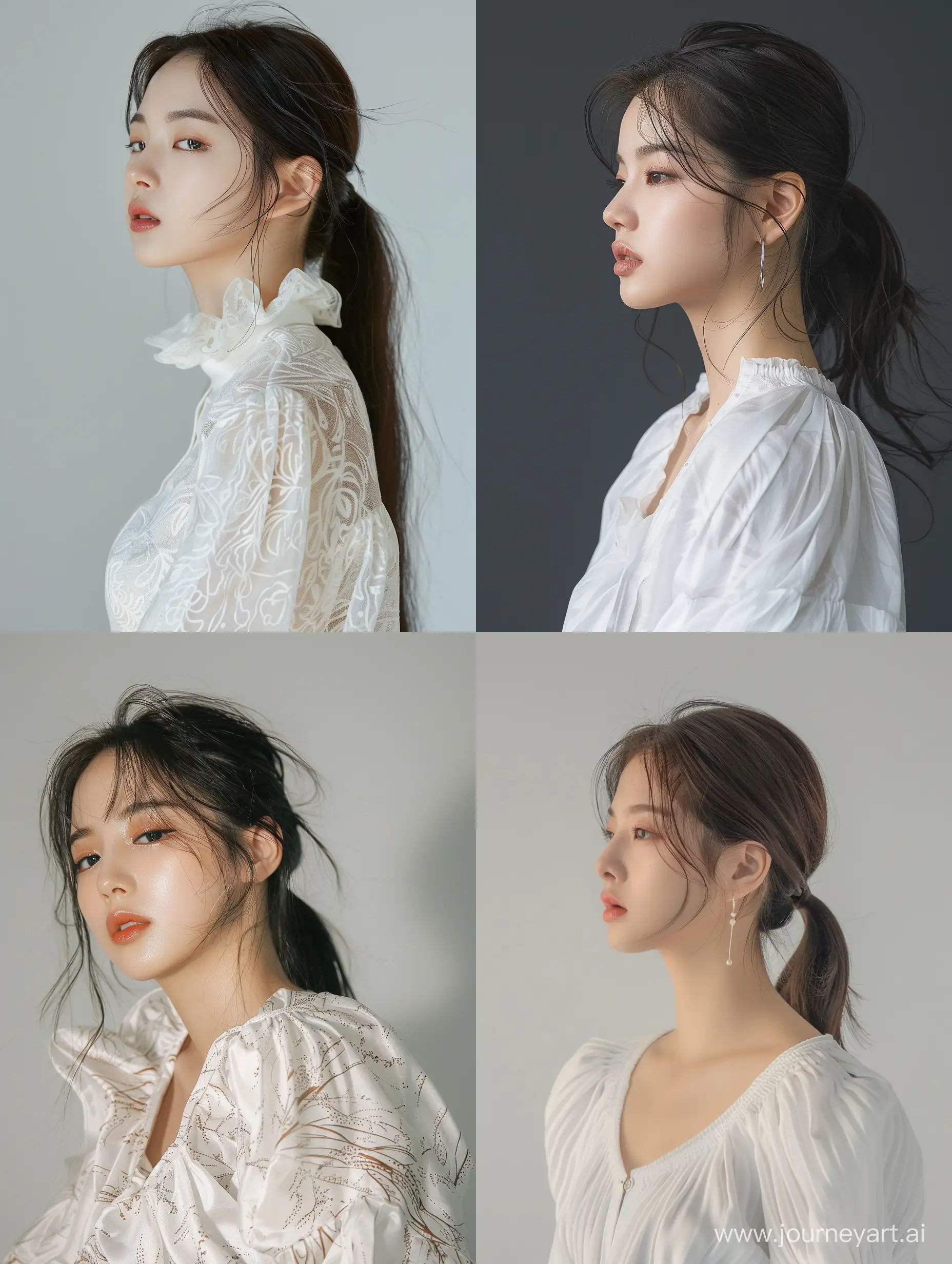A beautiful Asian woman ,wearing white oversize motived blouse ,profile,a youthful appearance,head shot profile, and facial features resembling Blackpink's Jennie.  --v 6