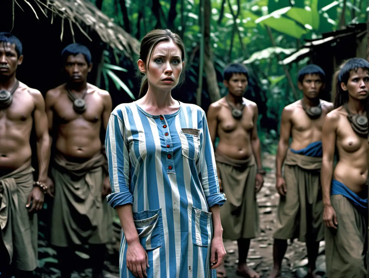 A busty prisoner woman (35 years old, white skin) stands in a jungle tribal village (captured by tribe members) in worn dirty blue-white vertical wide-striped longsleeve midi-length buttoned sackdress (a big printed "478" label on chest pocket , short brunette low pony hair, sad and ashamed), group of angry naked jungle tribe warriors standing around her