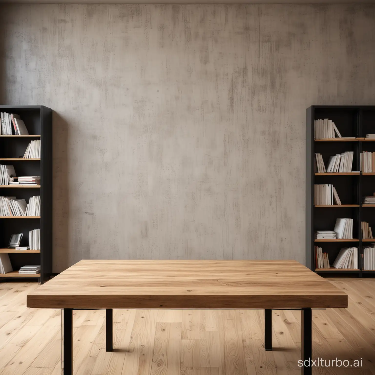 create a scene with an office table, a blurred black bookshelf in the background, light burnt cement wall, light wooden floor. Pleasant ambient light, blurred background. front view from above.