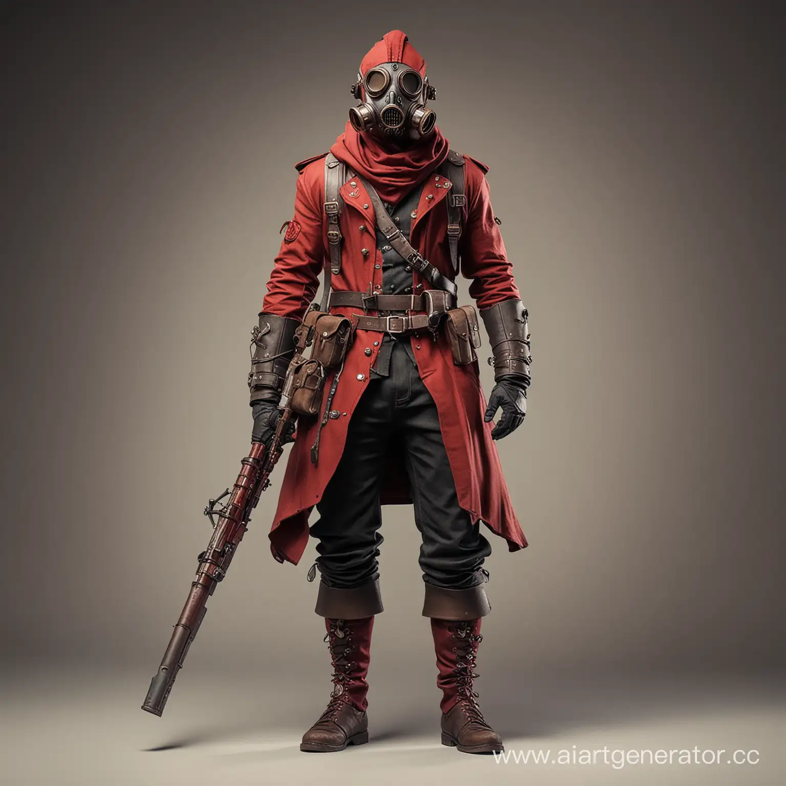 Warrior,steampunk,red colors, with weapon WW2,gasmask,full body