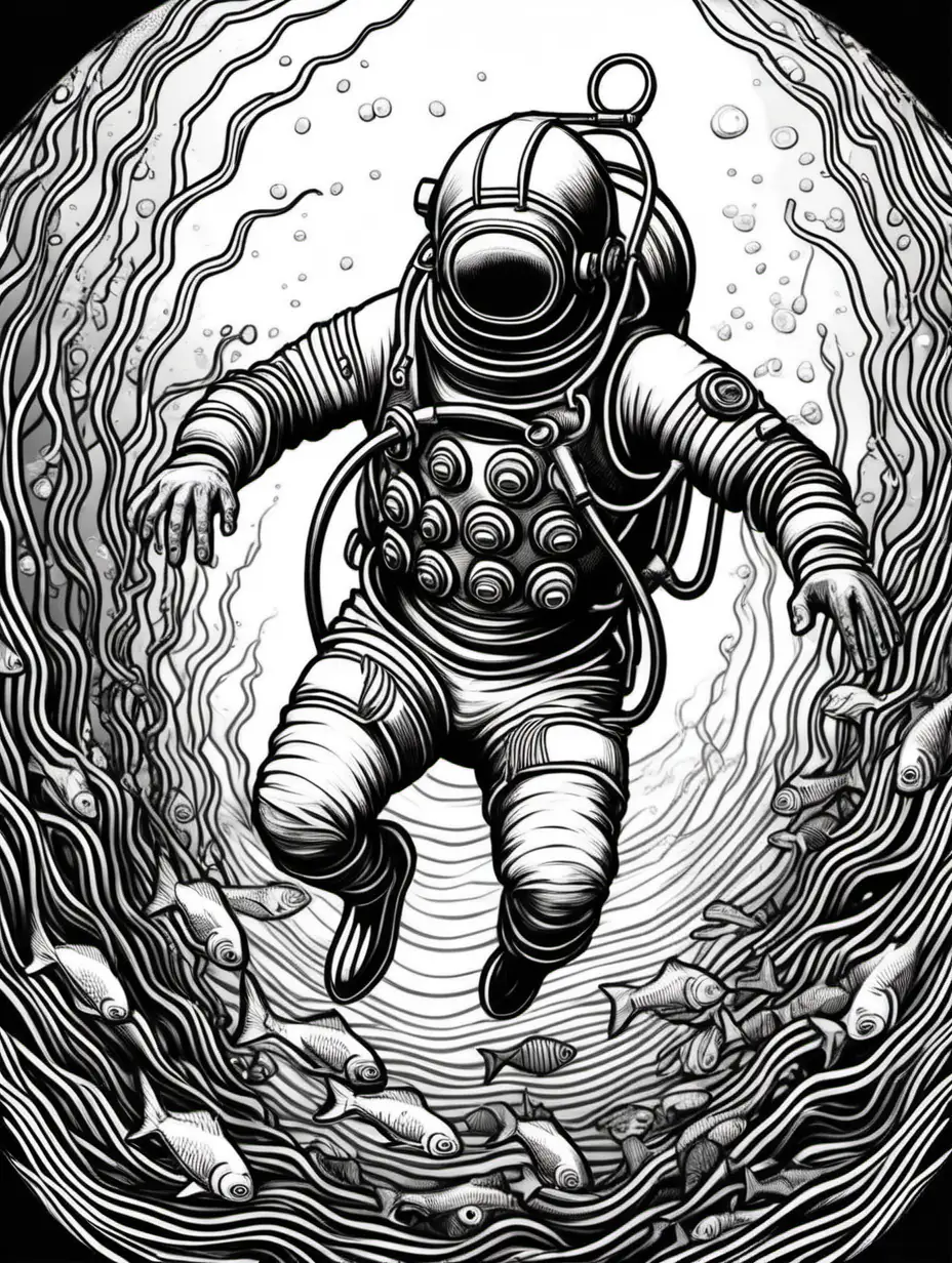 deep sea diver, warrior,gills,swimming, low detail, underwater, sea- floor, black and white, cartoon style,thick lines,no shading, no colour,  