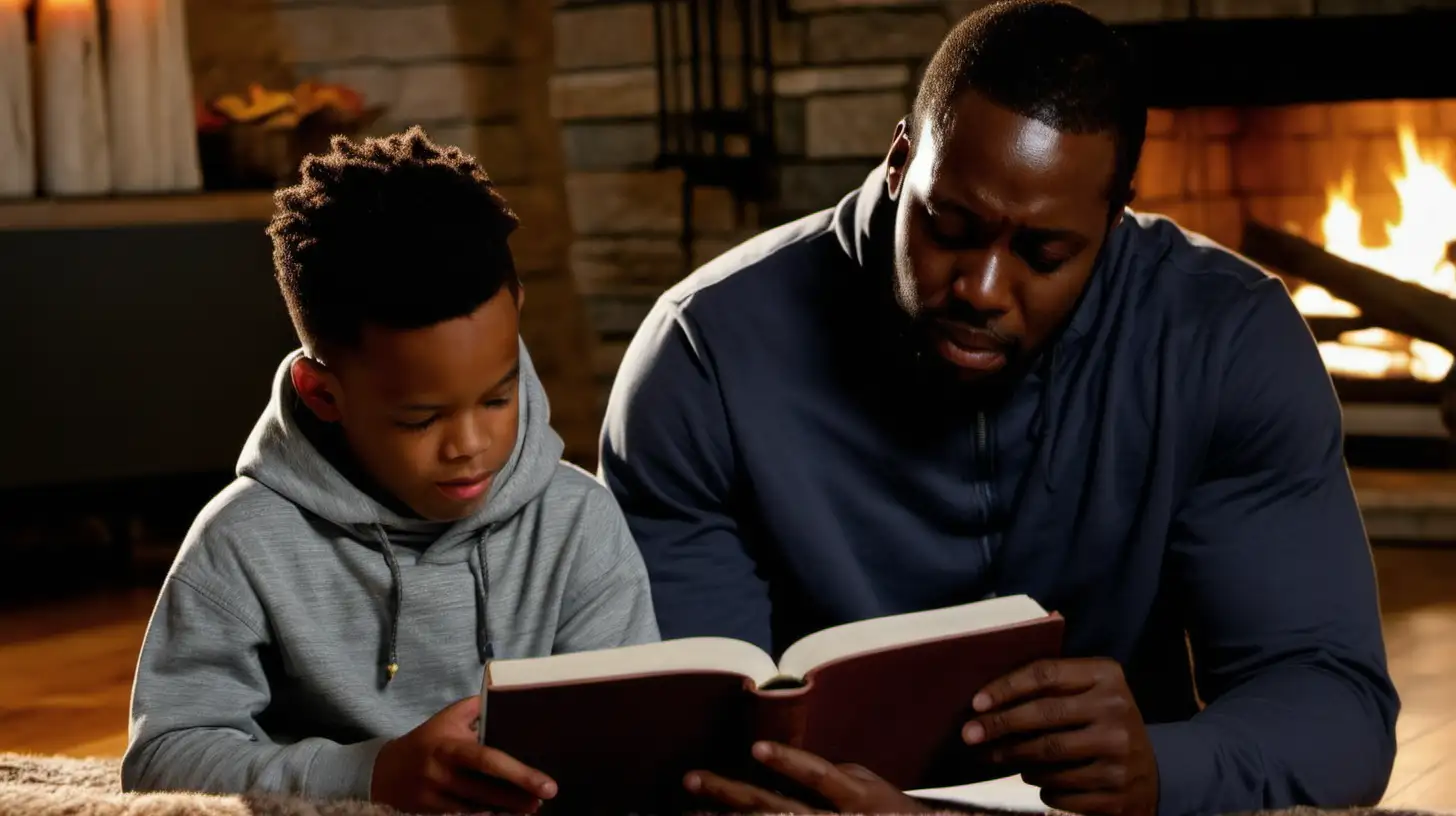 Black man teaching his son the Bible in front of fire place