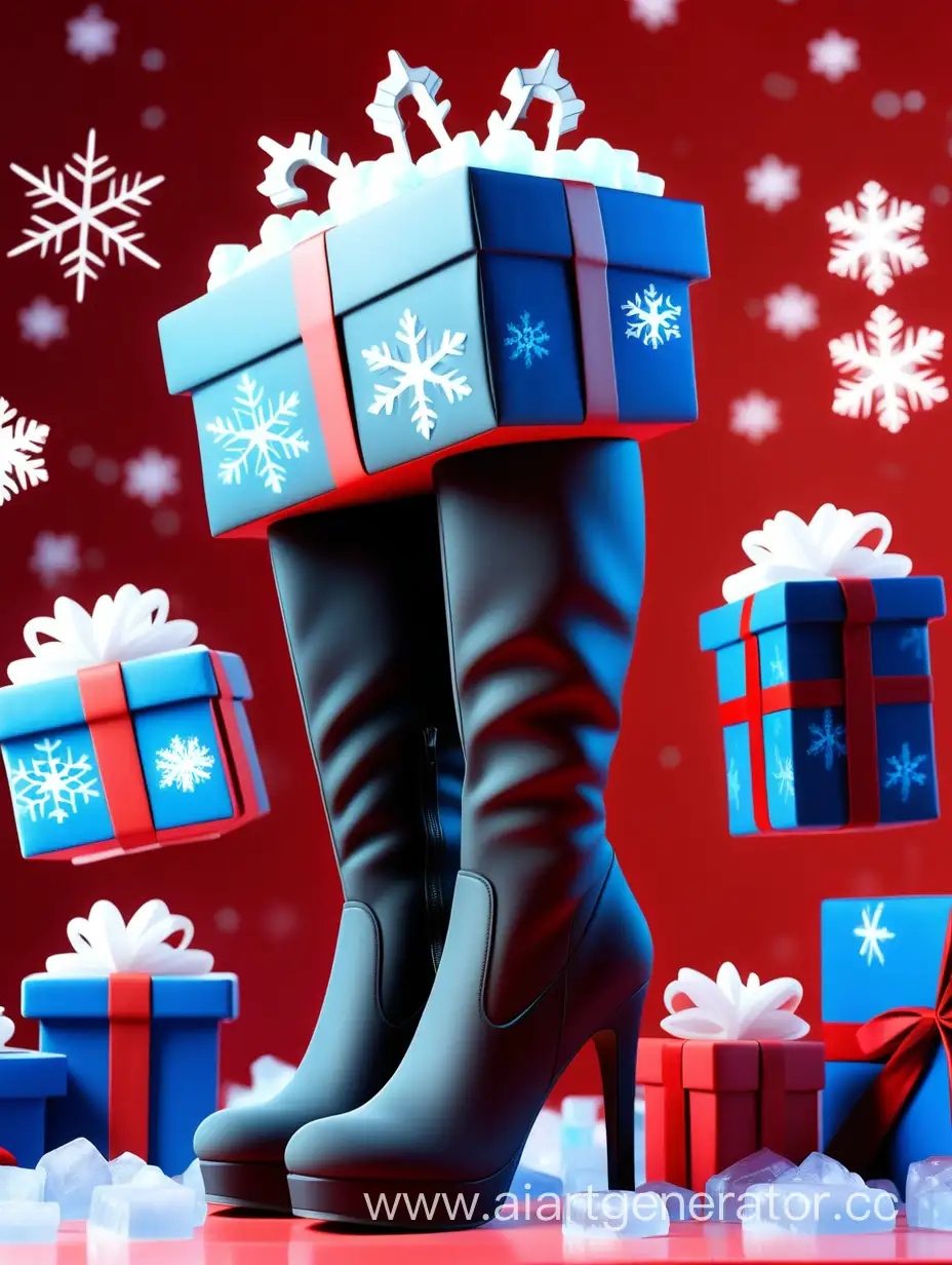 Stylish-Black-Womens-Matte-Boots-on-Festive-Gifts-with-Snowflakes-Background